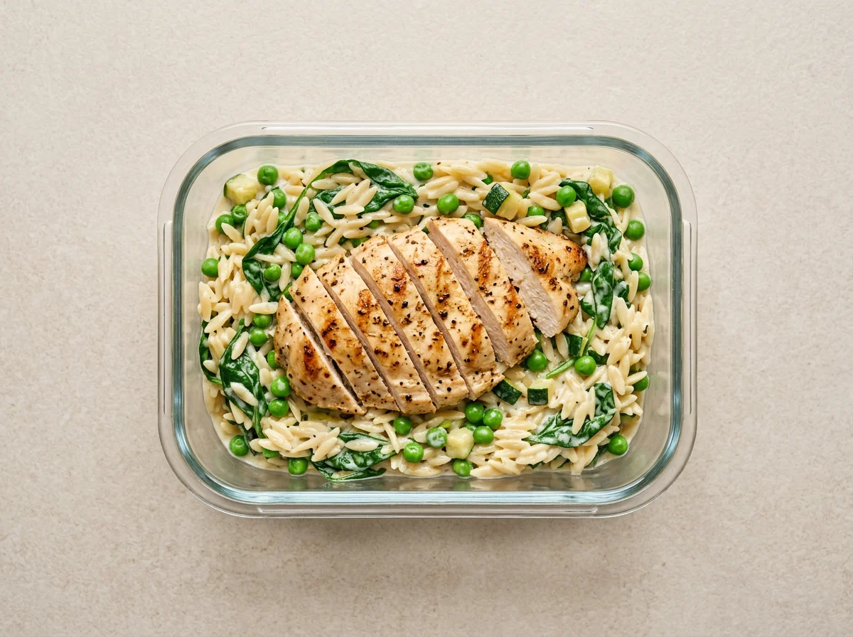Orzo cremoso con guisantes y espinacas con pechuga de pollo marinada