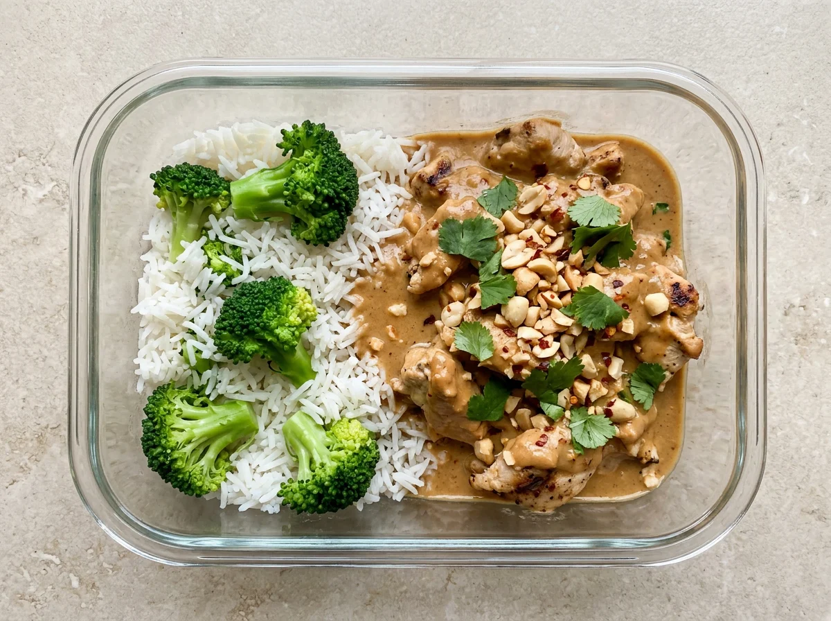 Pollo en salsa de cacahuete con brócoli y arroz basmati