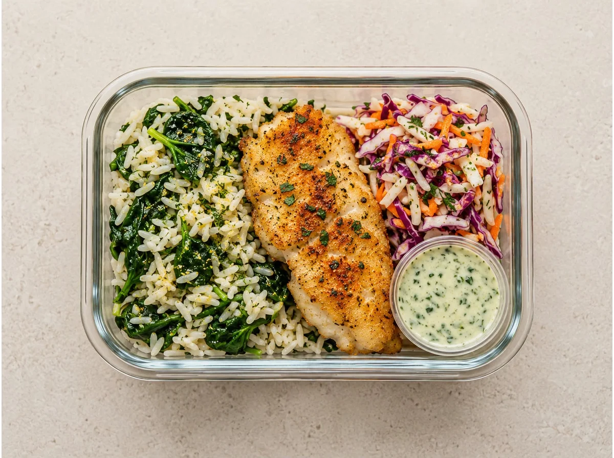 Pescado blanco con arroz, espinacas, ensalada de col y salsa de hierbas y yogur