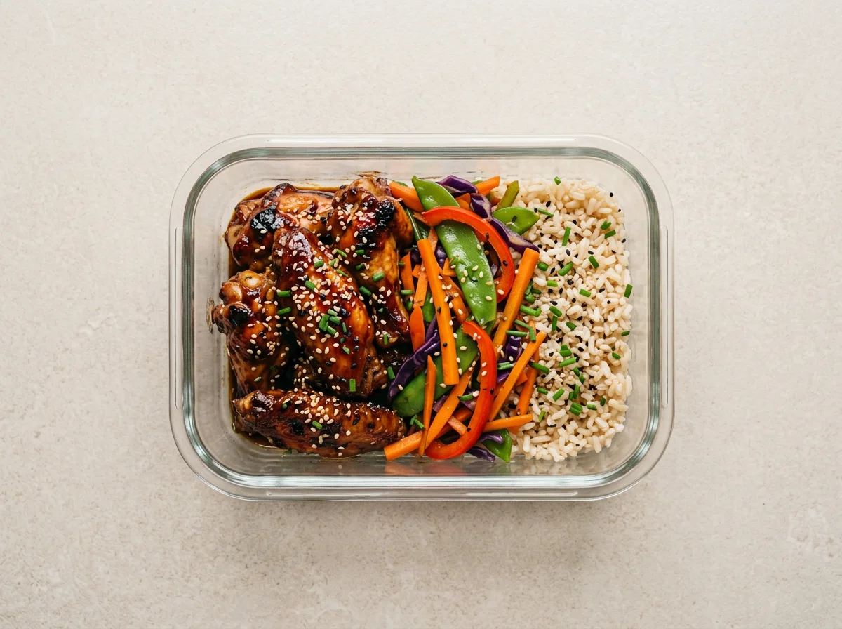 Alitas de pollo al teriyaki con verduras al wok y arroz integral