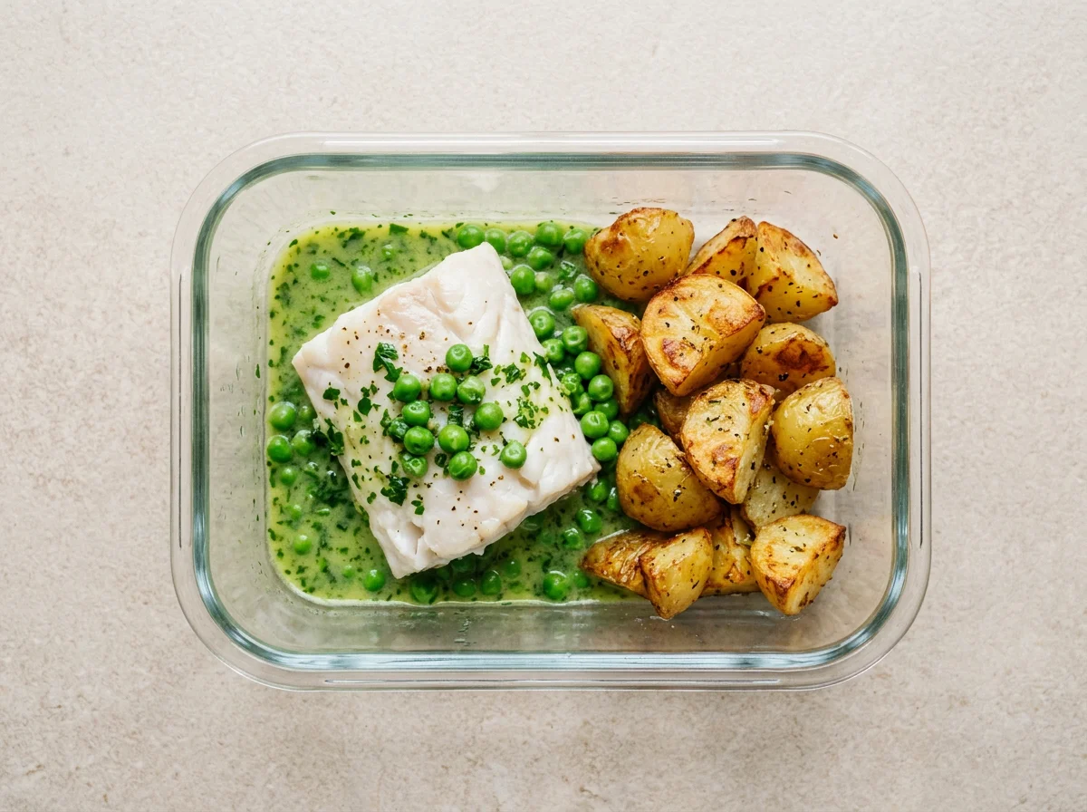 Merluza en salsa verde con guisantes y patatas asadas