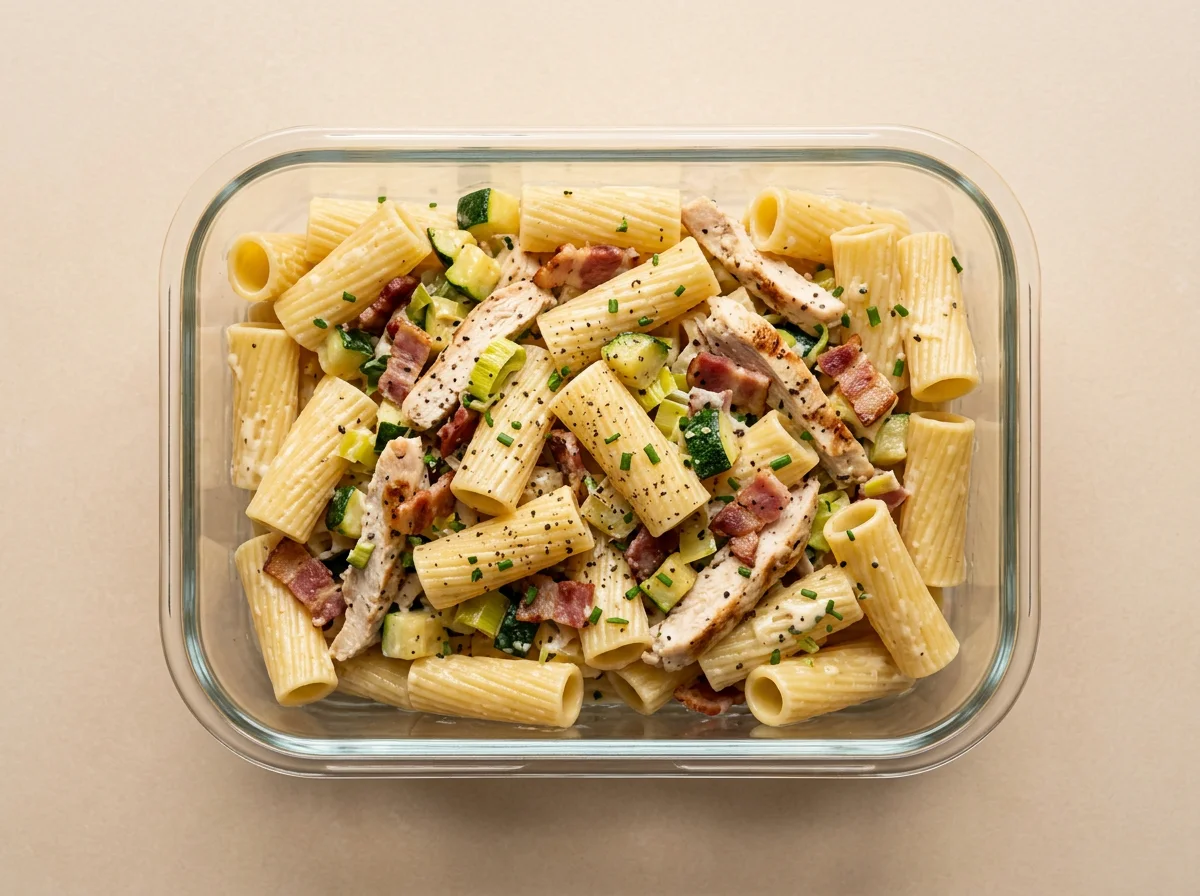 Macarrones a la carbonara healthy con bacon y pechuga de pollo