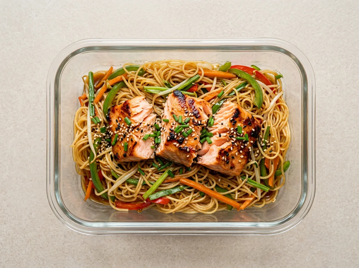 Fideos de arroz con salmón marinado estilo wok