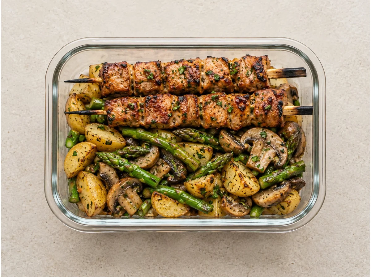 Patatas salteadas con setas y brochetas morunas
