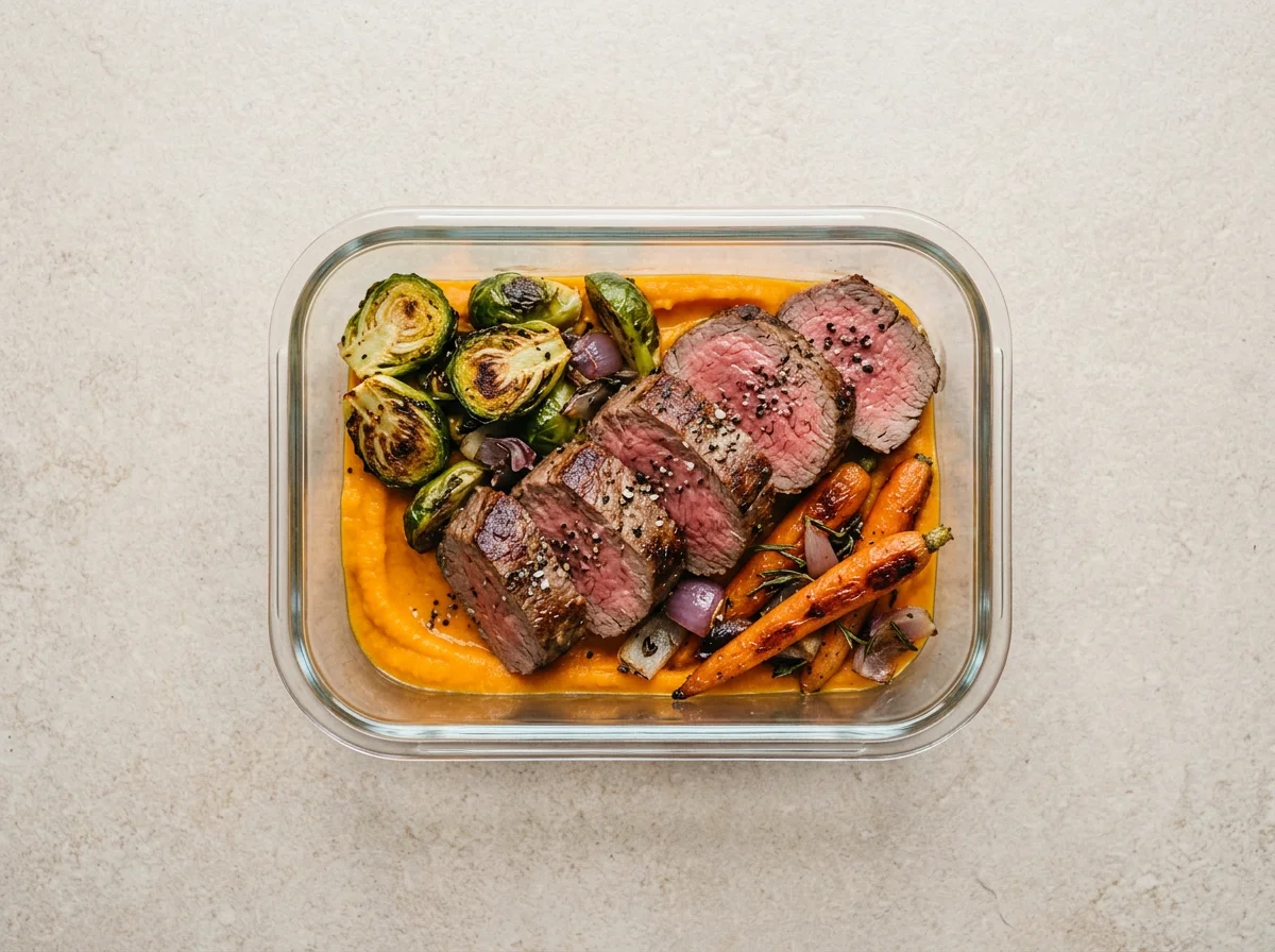 Puré de boniato con verduras asadas y solomillo de ternera